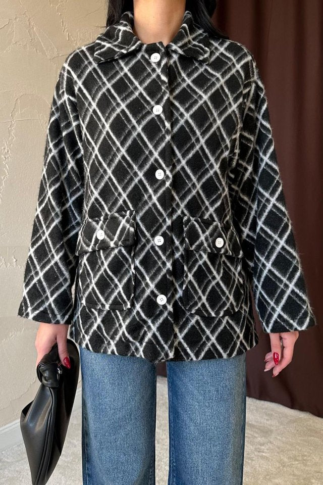 Siyah Polar Baklava Ekose Ceket