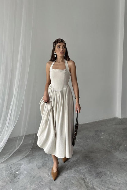Bej Boyundan Bağlamalı Keten Elbise