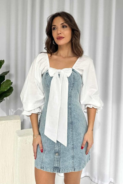 Mavi Önü Fiyoklu Kot Elbise