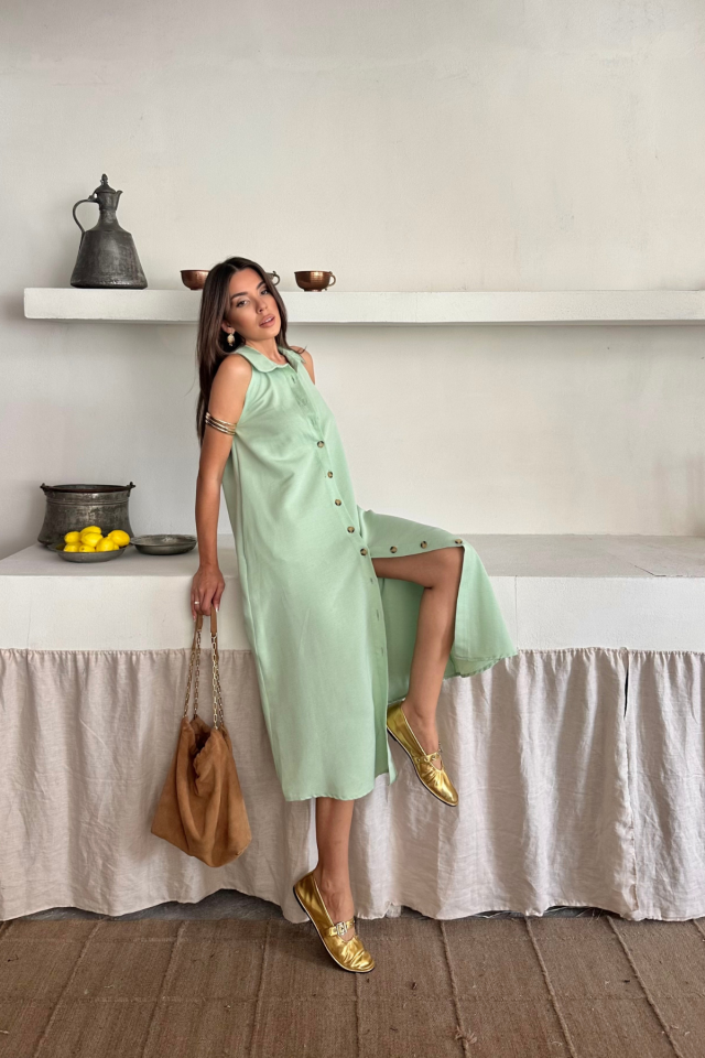 KETEN ÖNDEN DÜĞMELİ KOLSUZ GÖMLEK YAKA ELBİSE - Mint