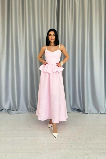 Pembe Beli Büzgülü İnci Askılı Uzun Elbise