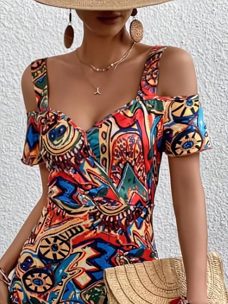 Kadın Omuzlardan Açıl Askılı Desenli Süprem Elbise