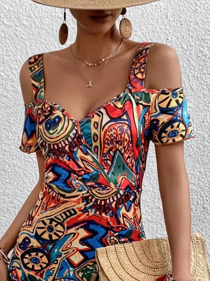 Kadın Omuzlardan Açıl Askılı Desenli Süprem Elbise