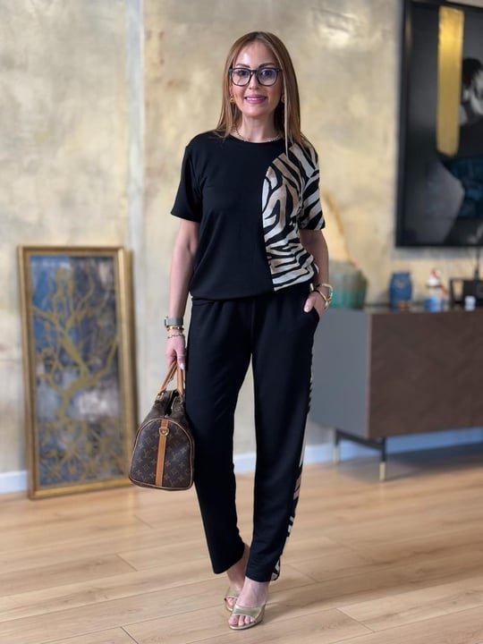 Kadın Bisiklet Yaka Kısa Kol Leopar Desen Bluz Ve Pantolon Ikili Takım