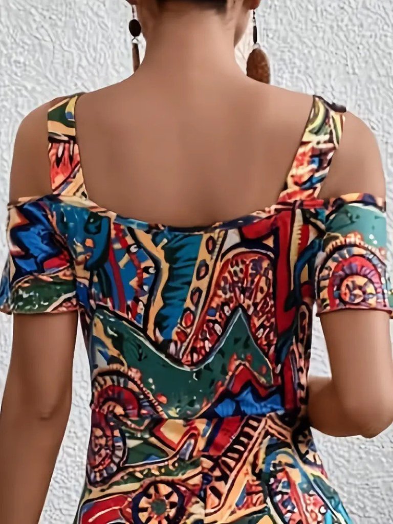 Kadın Omuzlardan Açıl Askılı Desenli Süprem Elbise