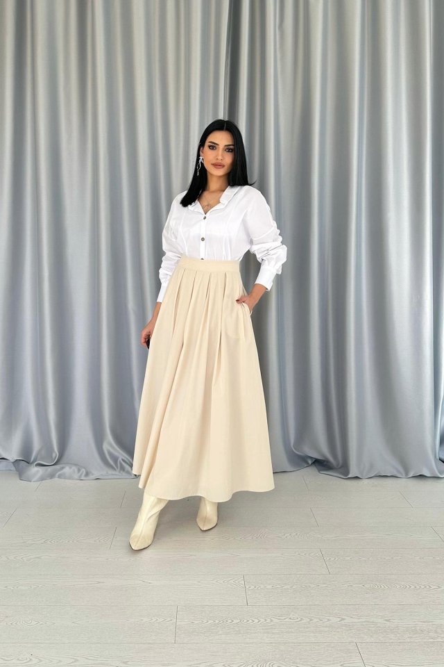 Bej Uzun Pileli Etek