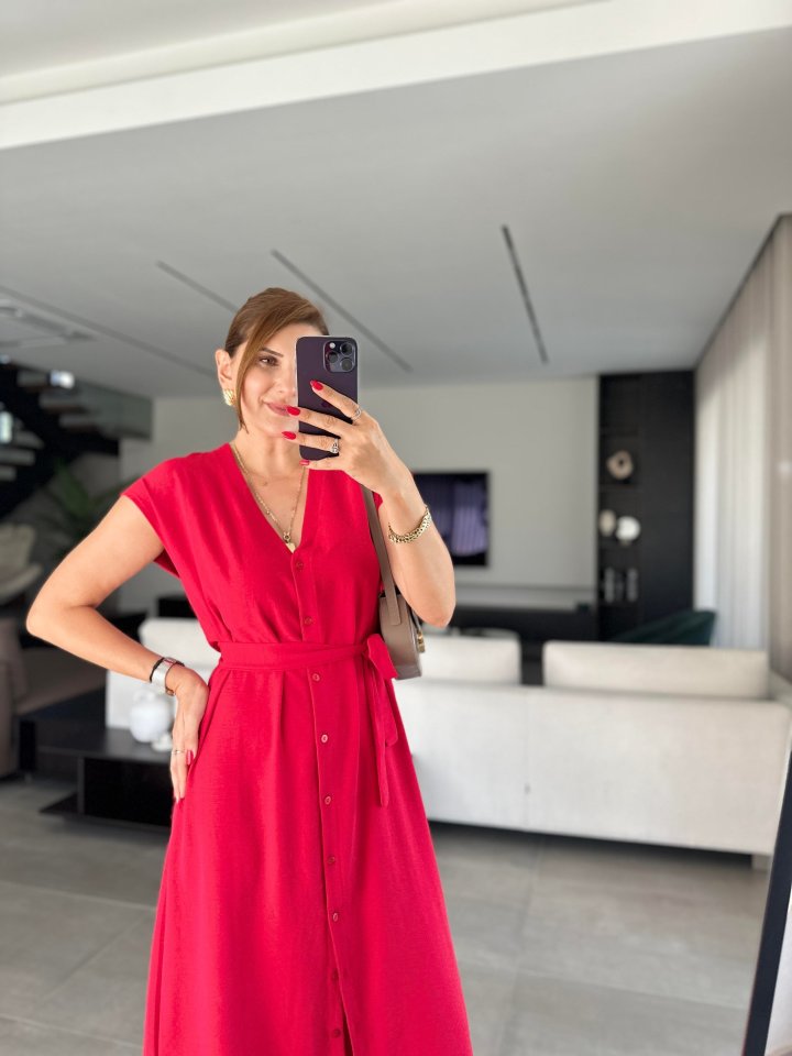 Kadınn V Yaka Düğme Detay Kuşak Dahil Elbise