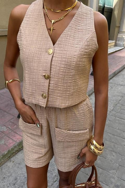 Mini Yelekli Şortlu Keten Takım 10176-08