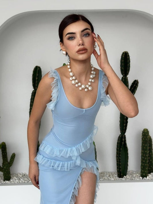 Felix Yırtmaçlı Midi Tül Elbise