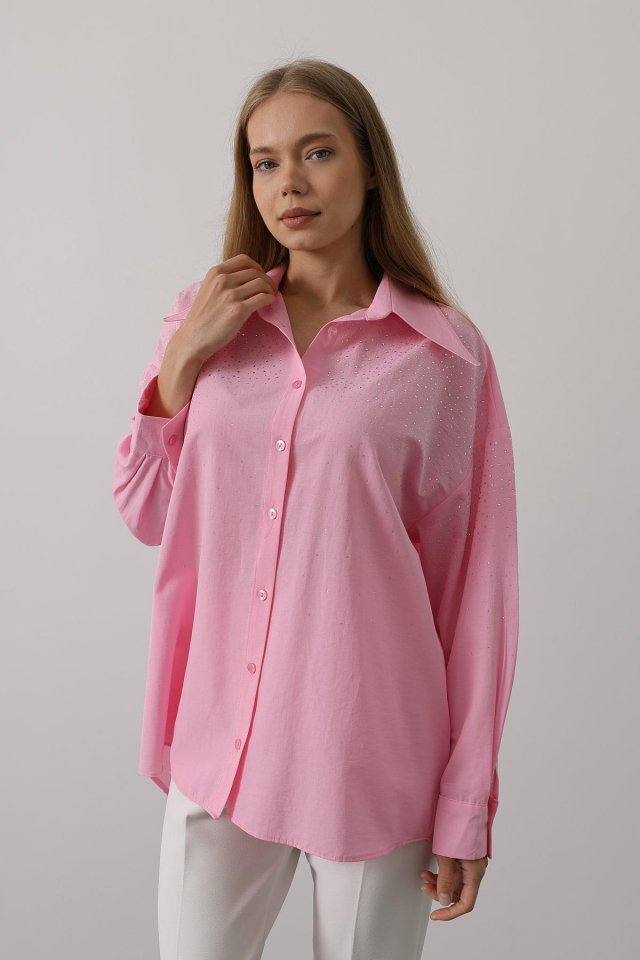 Taşlı Sivri Yaka Gömlek - Pembe