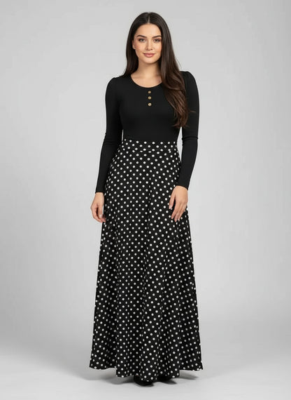 Kadın Uzun Kollu önü Düğmeli Viskon Bluz Eteği örme Maxi Krep Elbise