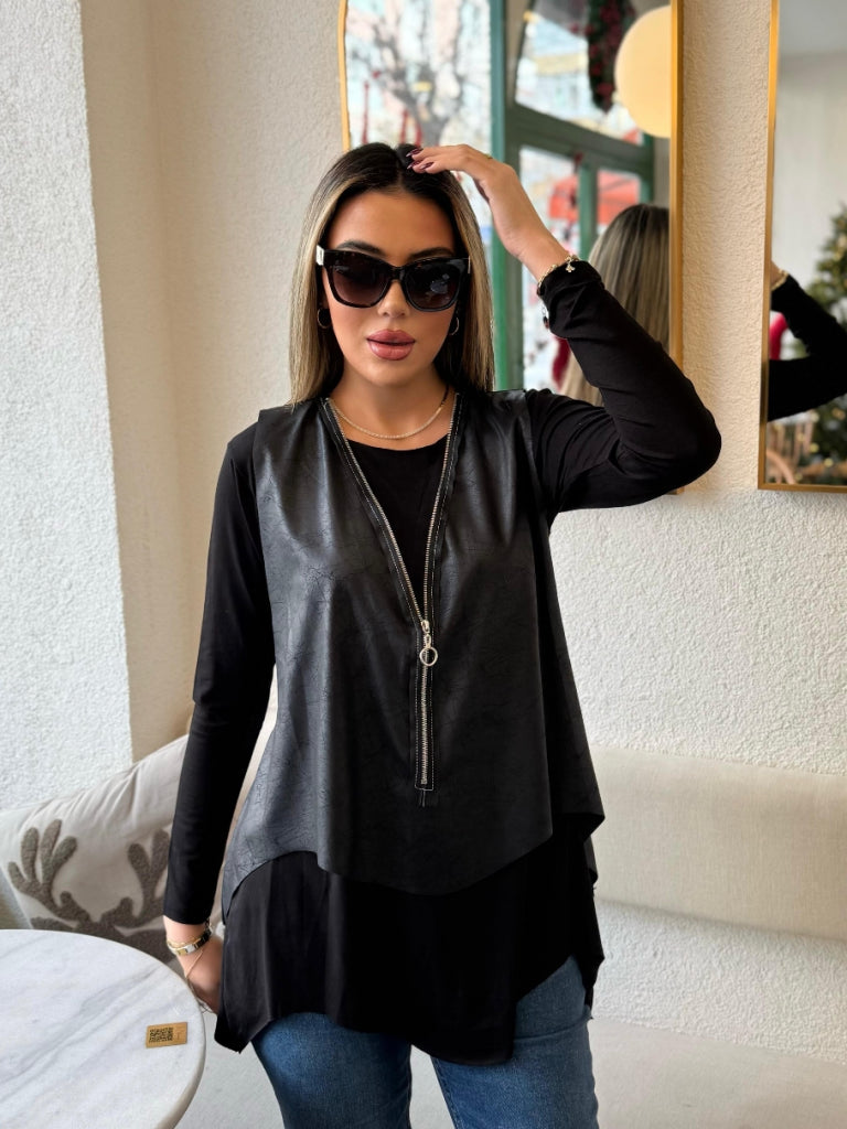 Kadın Uzun Kollu Asimetrik Kesim Viskon Bluz Ve çatlak Deri Görünümlü Yelek Ikili Takım