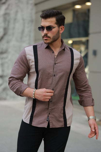 Erkek şerit Detaylı Uzun Kollu Pamuklu Keten Gömlek