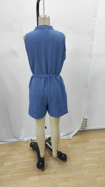 Kadın Sıfır Kollu Yakalı Düğmeli Belden Kuşaklı Kısa Keten Tulum