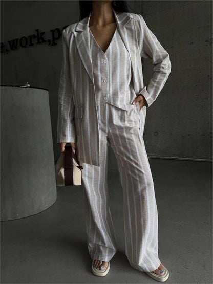 ÇİZGİLİ KETEN YELEK-PANTOLON TAKIM - Bej