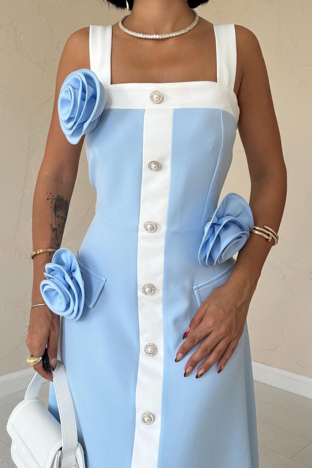 Mavi Güllü Askılı Elbise