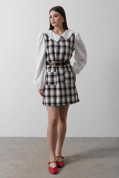 Ekoseli Gömlek Detaylı Elbise - Siyah