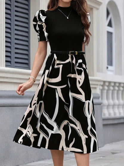 Kadın Kısa Kollu Yarı Balıkçı Yaka üst Viskon Alt Desenli Dokuma Midi Elbise