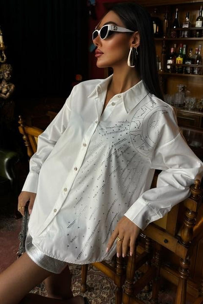 Ay Figürlü Taş İşlemeli Poplin Gömlek 3440