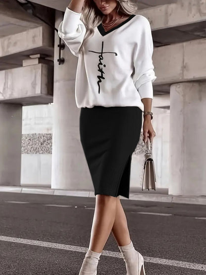 Kadın Uzun Kollu V Yakalı Iki Iplik Bluz Ve şardonlu Kaşkorse Etek Ikili Takım