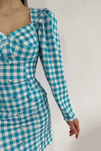 Mavi Kareli Göğüş Kuplu Elbise