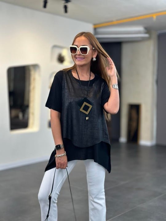 Kadın Kısa Kollu Bisiklet Yaka Yelek Bluz Asimetrik Kesim İkili Takım