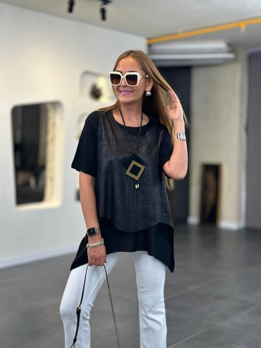 Kadın Kısa Kollu Bisiklet Yaka Yelek Bluz Asimetrik Kesim İkili Takım