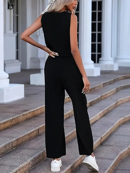 Kadın Kolsuz V Yakalı önden Düğmeli Ithal Krep Ve Pantolon Ikili Takım