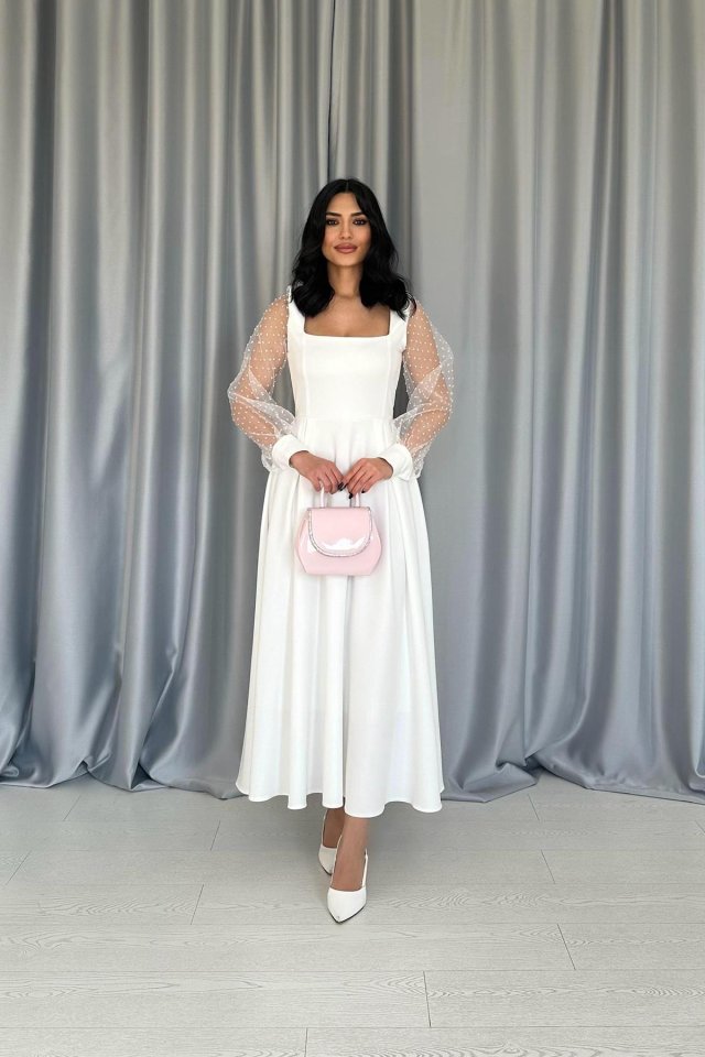 Beyaz Kolları Organze Kuplu Elbise