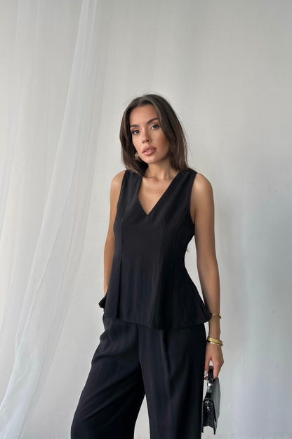 V YAKA KOLSUZ BLUZ - PANTOLON TAKIM MODAL KUMAŞ - Siyah