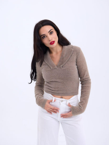 42531 TRİKO SİMLİ YAKALI CROP-KAHVE