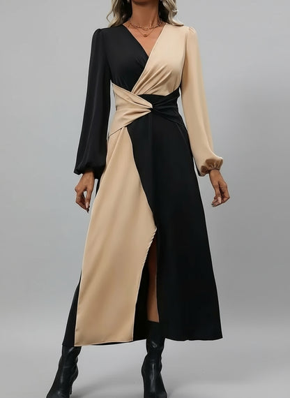 Kadın Uzun Kollu Kruvaze Yakalı Belden çapraz Detaylı çift Renkli Midi Ithal Krep Elbise
