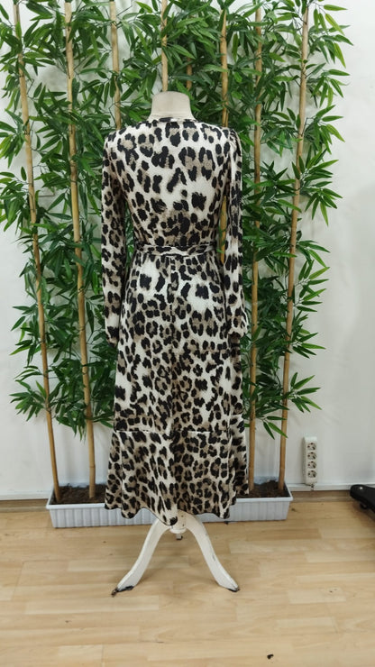 Kadın Uzun Kollu Kruvaze Yakalı Belden Kuşaklı Leopar