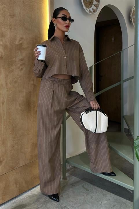 Crop Gömlekli Çizgili Takım 10080