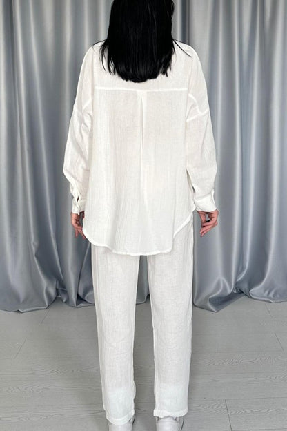 Beyaz 3 Taş Motifli Gömlek Ve Pantolon Takım