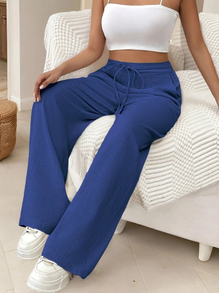 Kadın Yüksek Bel Bağcıklı Geniş Paçalı Uzun Bürümcük Pantolon