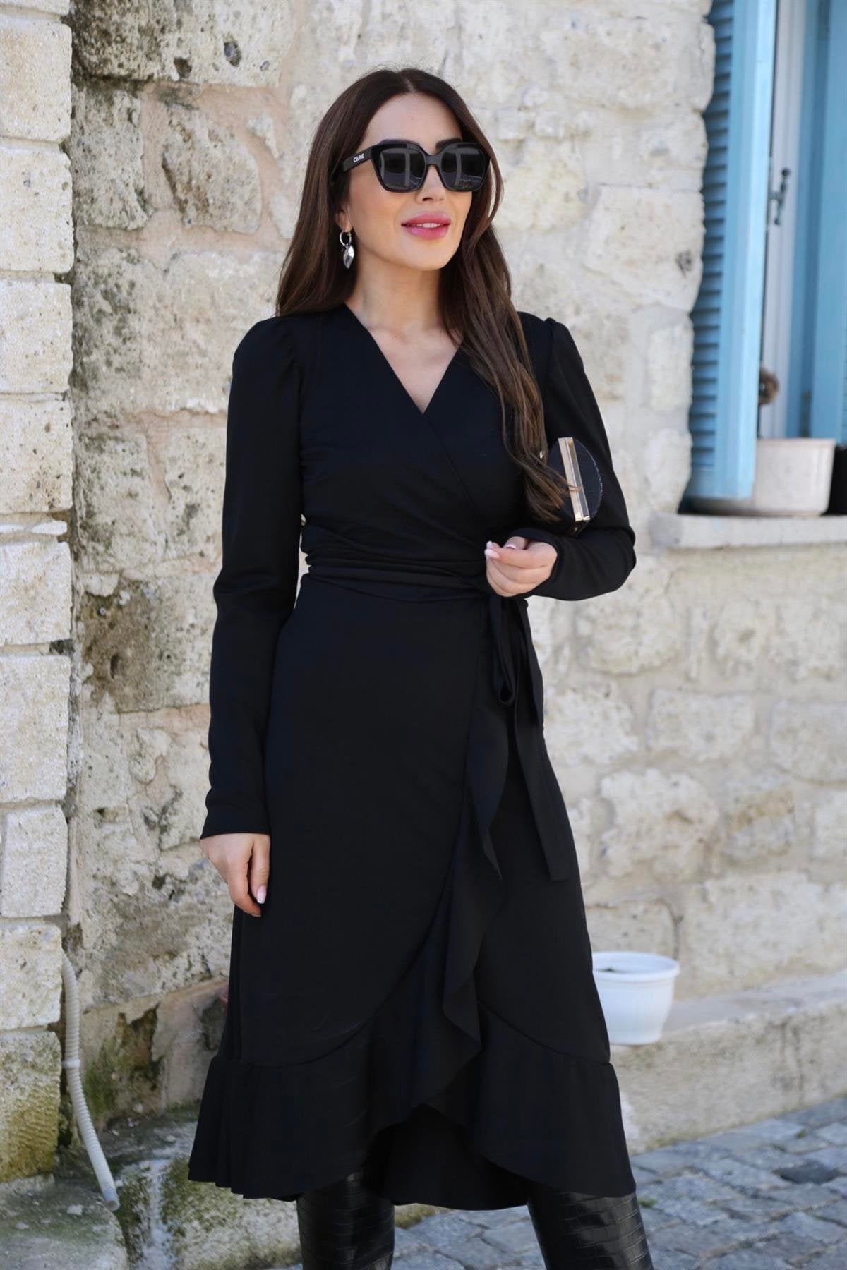 Krep Kumaş Midi Boy Kuşaklı Uzunkol Elbise 113 Cm