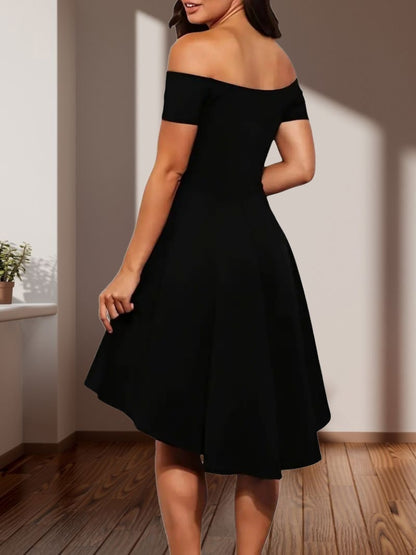 Kadın Kısa Kollu Madonna Yaka önü Kısa Arkası Uzun Ithal Krep Elbise