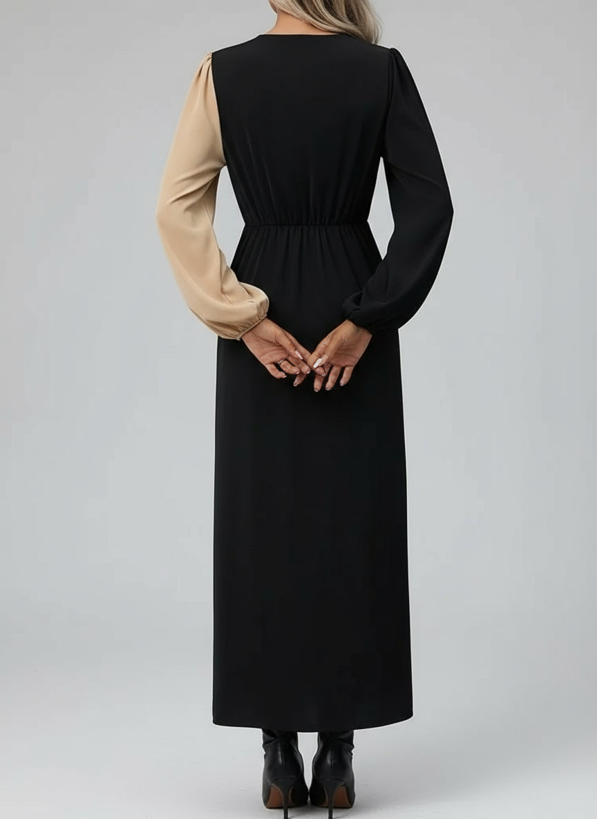 Kadın Uzun Kollu Kruvaze Yakalı Belden çapraz Detaylı çift Renkli Midi Ithal Krep Elbise