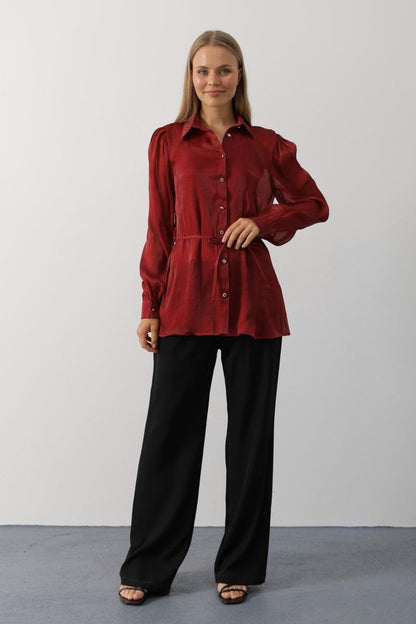 Belden Bağlamalı Uzun Kol Gömlek - Bordo