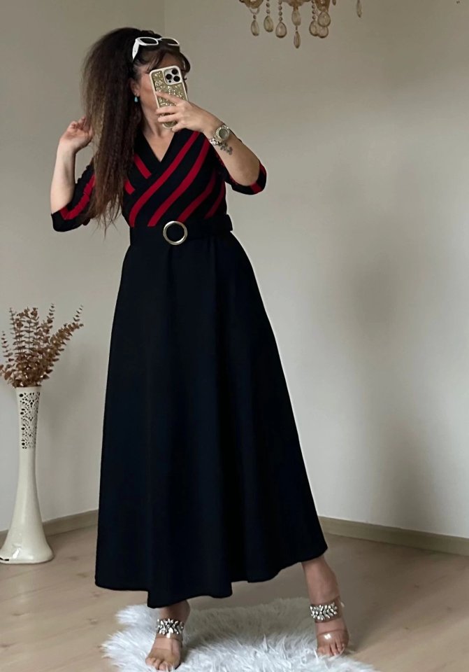 Kadın çizgi Detay Kruvaze Yaka Maxi Boy Triko Elbise