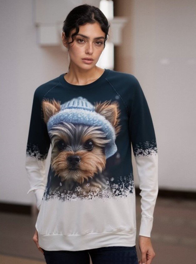 Kadın Uzun Kollu Bisiklet Yaka Köpek Baskılı şardonlu Dalgıç Bluz