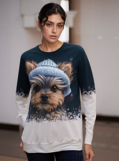 Kadın Uzun Kollu Bisiklet Yaka Köpek Baskılı şardonlu Dalgıç Bluz