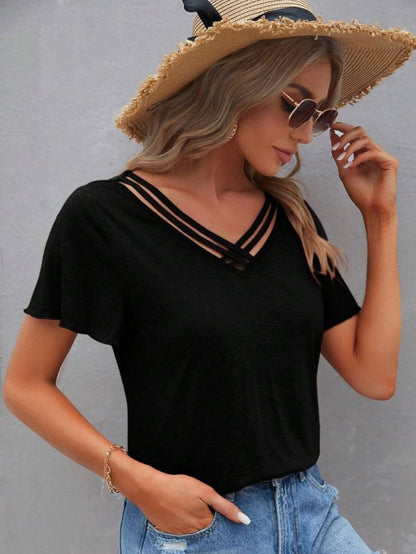 Kadın Kısa Kollu V şerit Yakalı Viskon Bluz