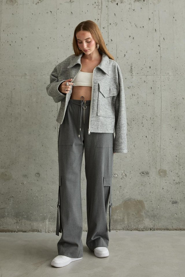 Gri Cebi Kapaklı Kaşe Ceket