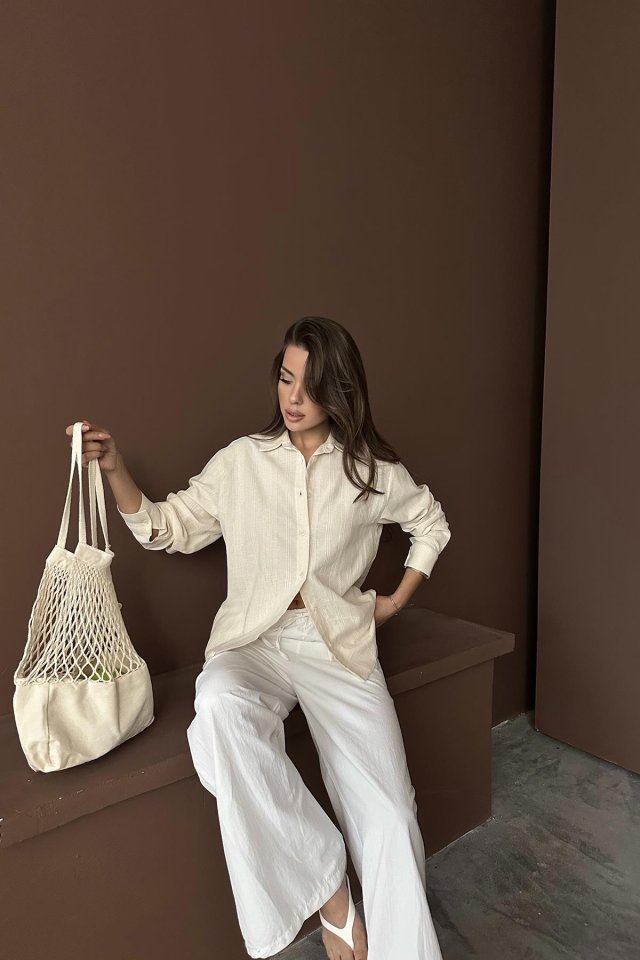 Bej Jakarlı Keten Gömlek