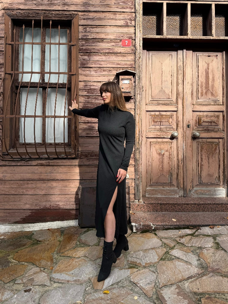 Kadın Uzun Kollu Balıkçı Yaka Derin Yırtmaç Detay Krep Elbise