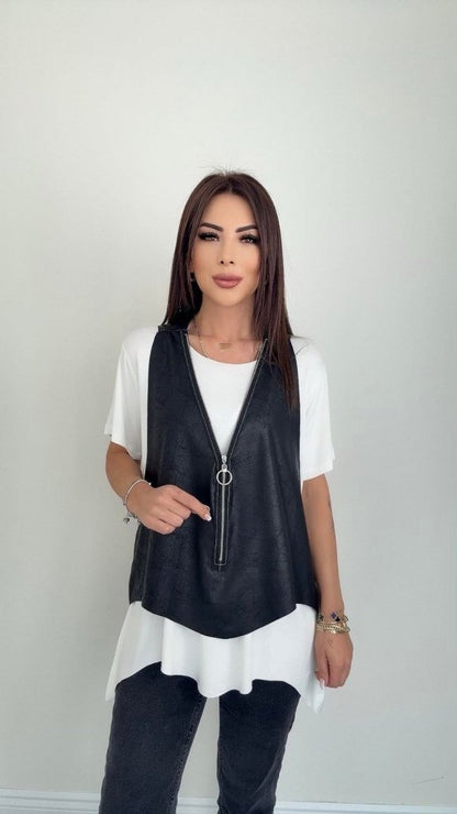 Kadın Kısa Kollu Yuvarlak Yaka Viskon Bluz + Kolsuz Fermuarlı çatlak Deri Yelek