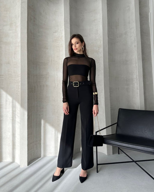 Kadın Yüksek Bel Krep Kumaş Full Likralı Ispanyol Paça Kemer Dahil Pantolon