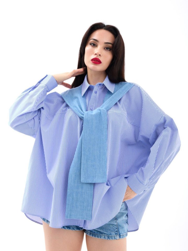 7074 GÖMLEK-MAVİ BEYAZ ÇİZGİLİ